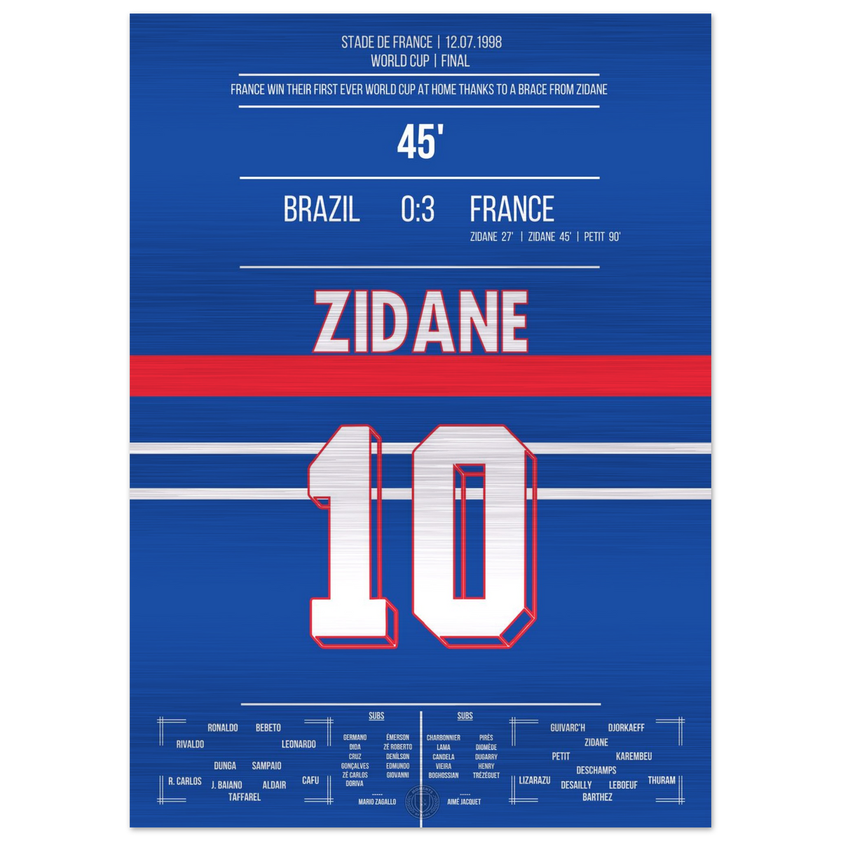 Zidane Kopfball-Doppelpack zu Frankreichs ersten WM Titel 1998 gegen Brasilien – Metal Edition