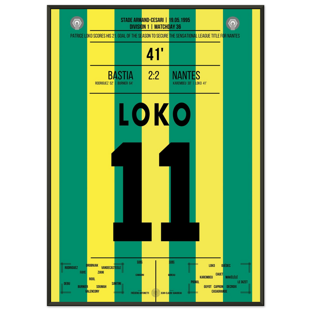 Patrice Loko scores and Nantes celebrates the 1995 championship in Bastia