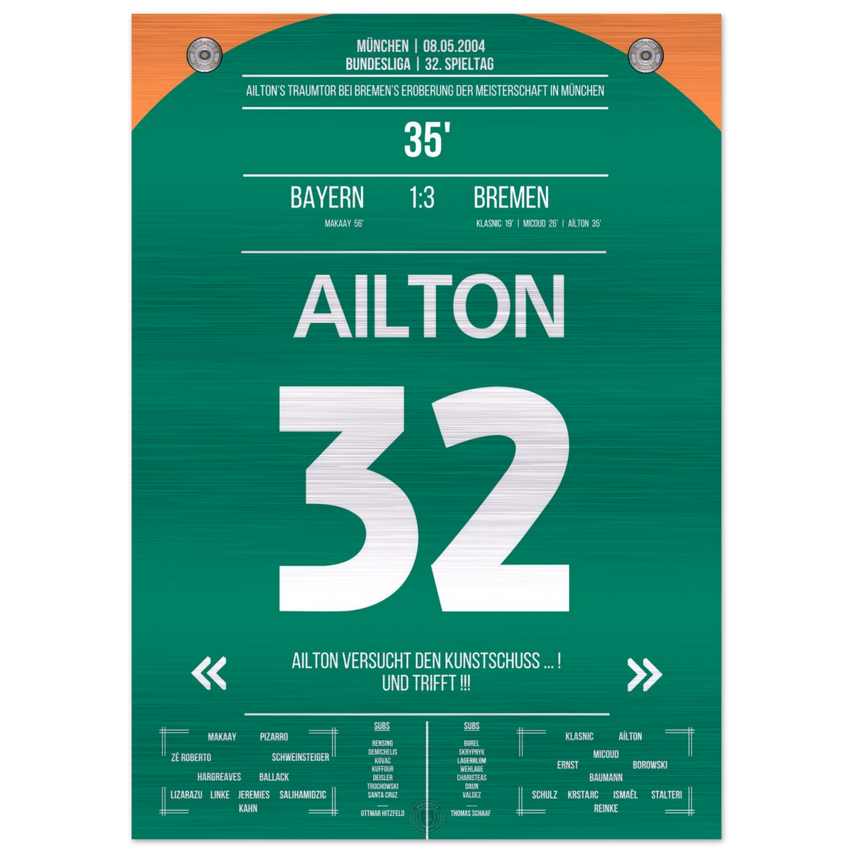 (Metal Print) Ailton's dream goal to win the championship in Munich