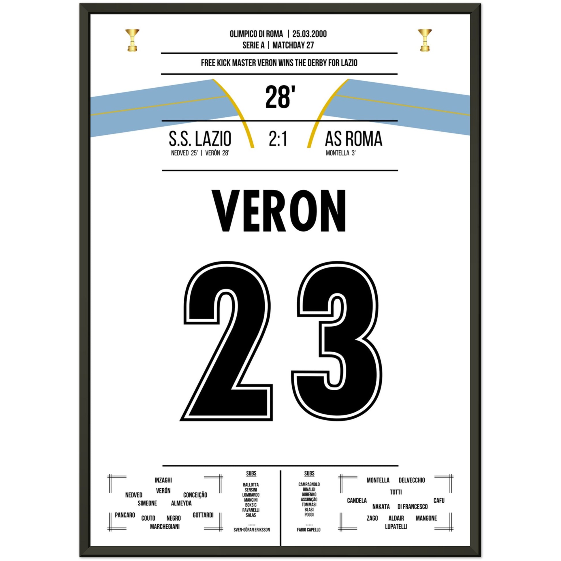 Veron's Freistosstor beim Derbysieg gegen die Roma 50x70-cm-20x28-Schwarzer-Aluminiumrahmen