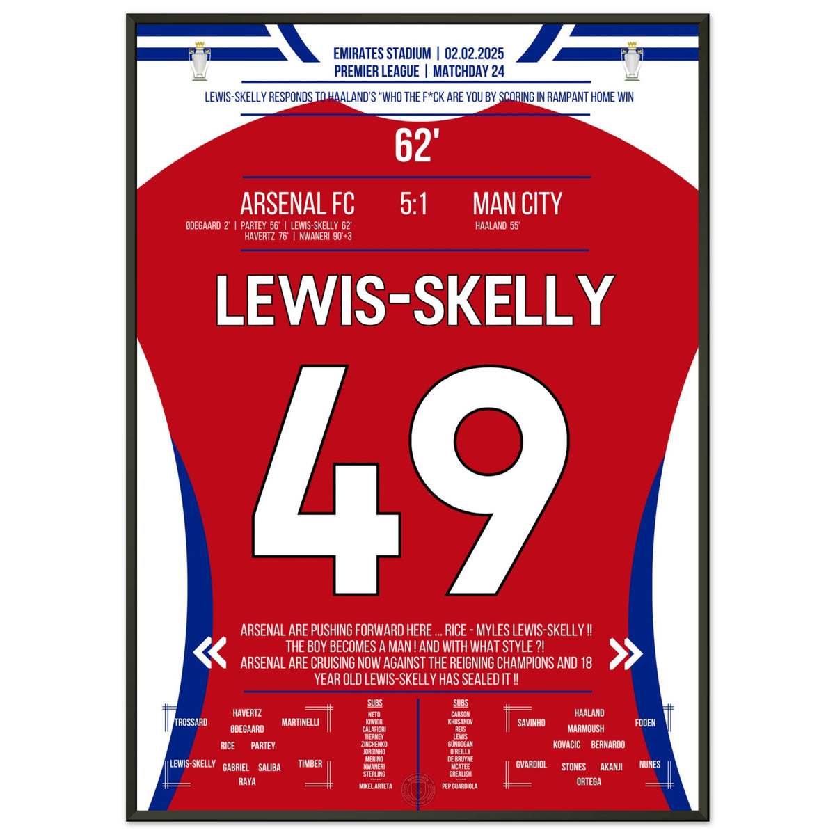 Lewis-Skelly marca en una dominante victoria en casa 5-1 contra el City.