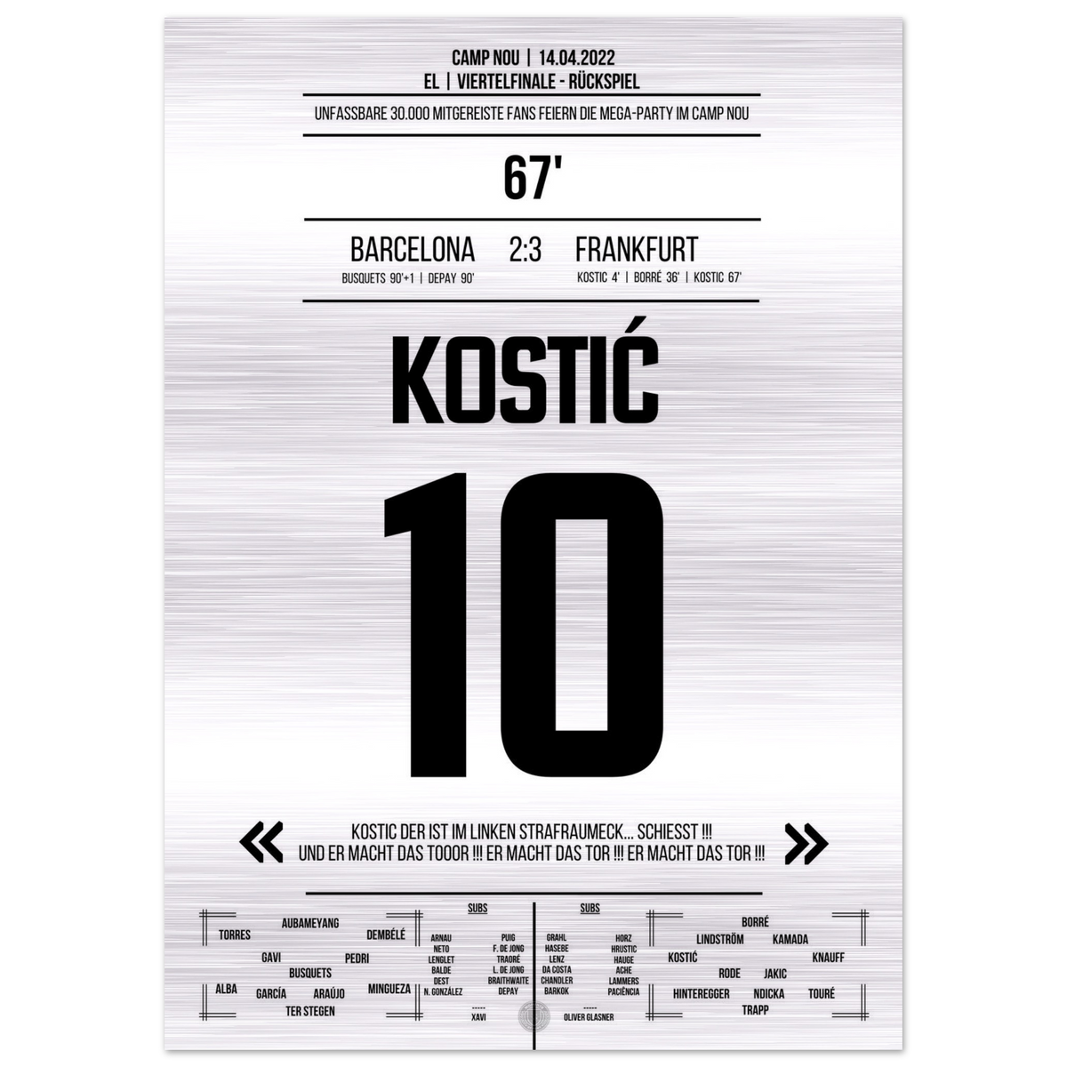 (Metal Print) Kostic's gala performance at Frankfurt's big party in the Camp Nou