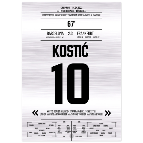 (Metal Print) Kostic's gala performance at Frankfurt's big party in the Camp Nou