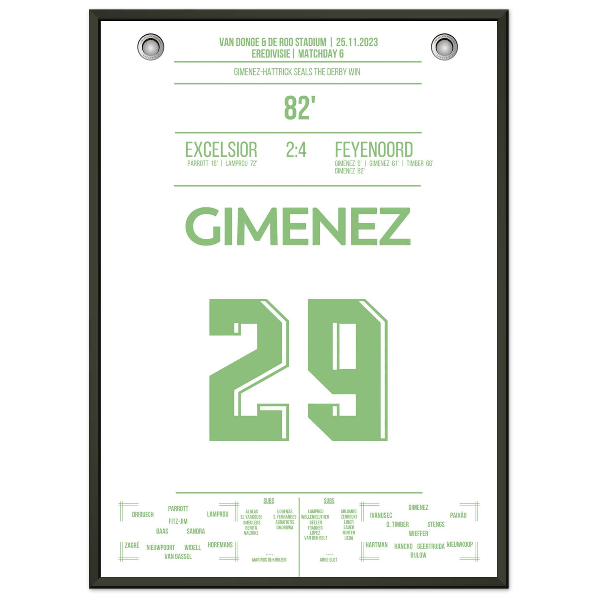 Gimenez hat a hat-trick in the derby victory against Excelsior.