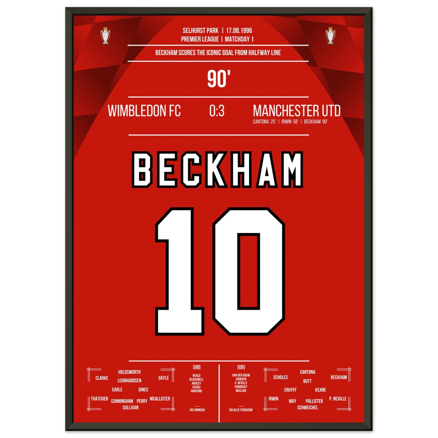 Beckham's Tor von der Mittellinie beim Auswärtsspiel gegen Wimbledon 1996 50x70-cm-20x28-Schwarzer-Aluminiumrahmen