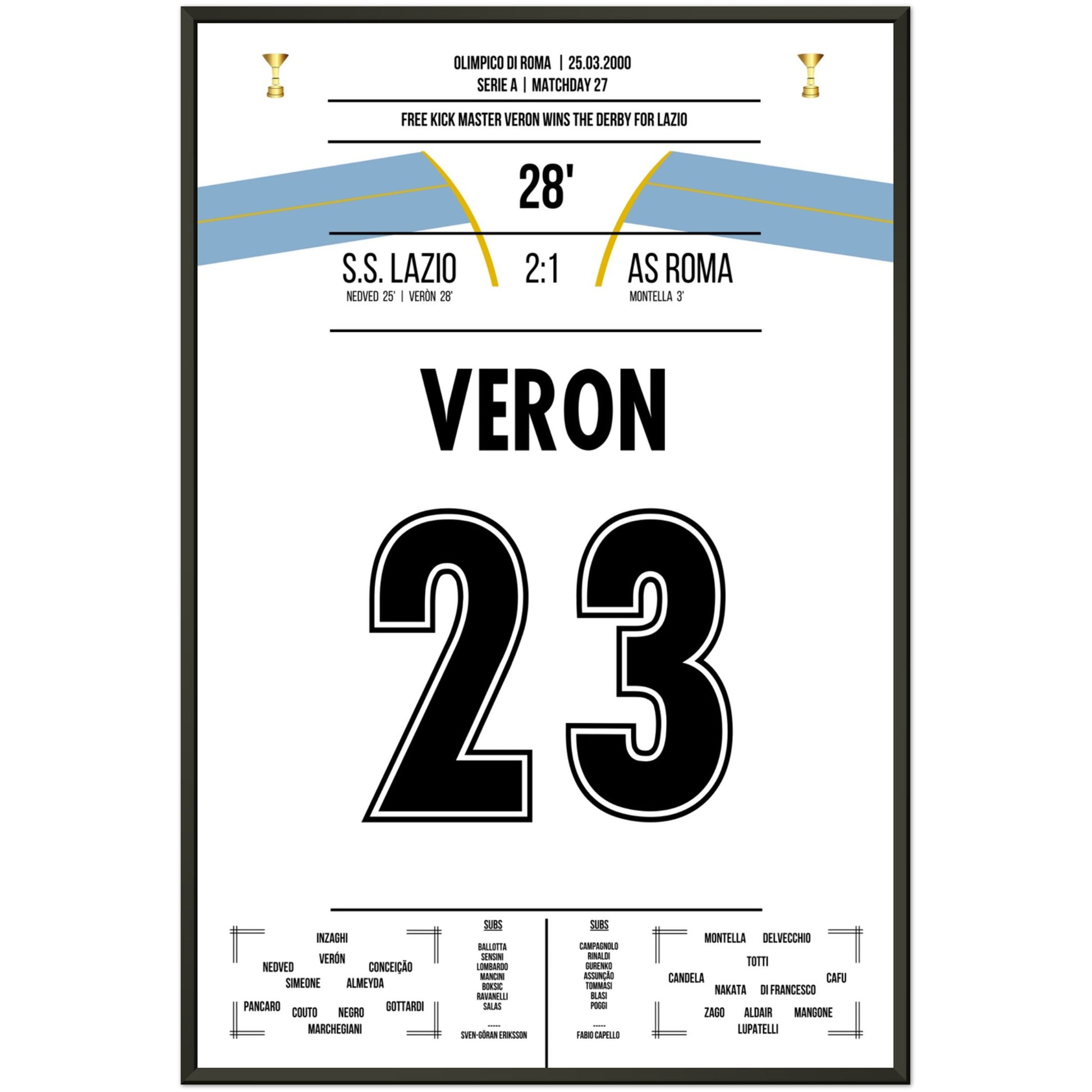 Veron's Freistosstor beim Derbysieg gegen die Roma 60x90-cm-24x36-Schwarzer-Aluminiumrahmen