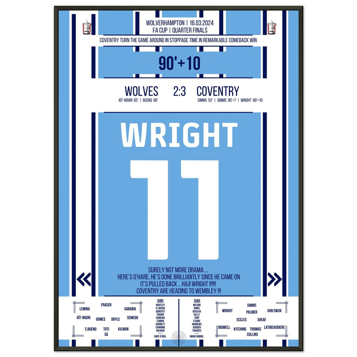 Haji Wright segna per il Coventry nel tempo di recupero verso Wembley.