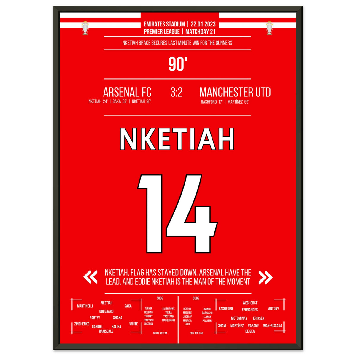 Nketiah scores the last-minute winner against Man Utd.