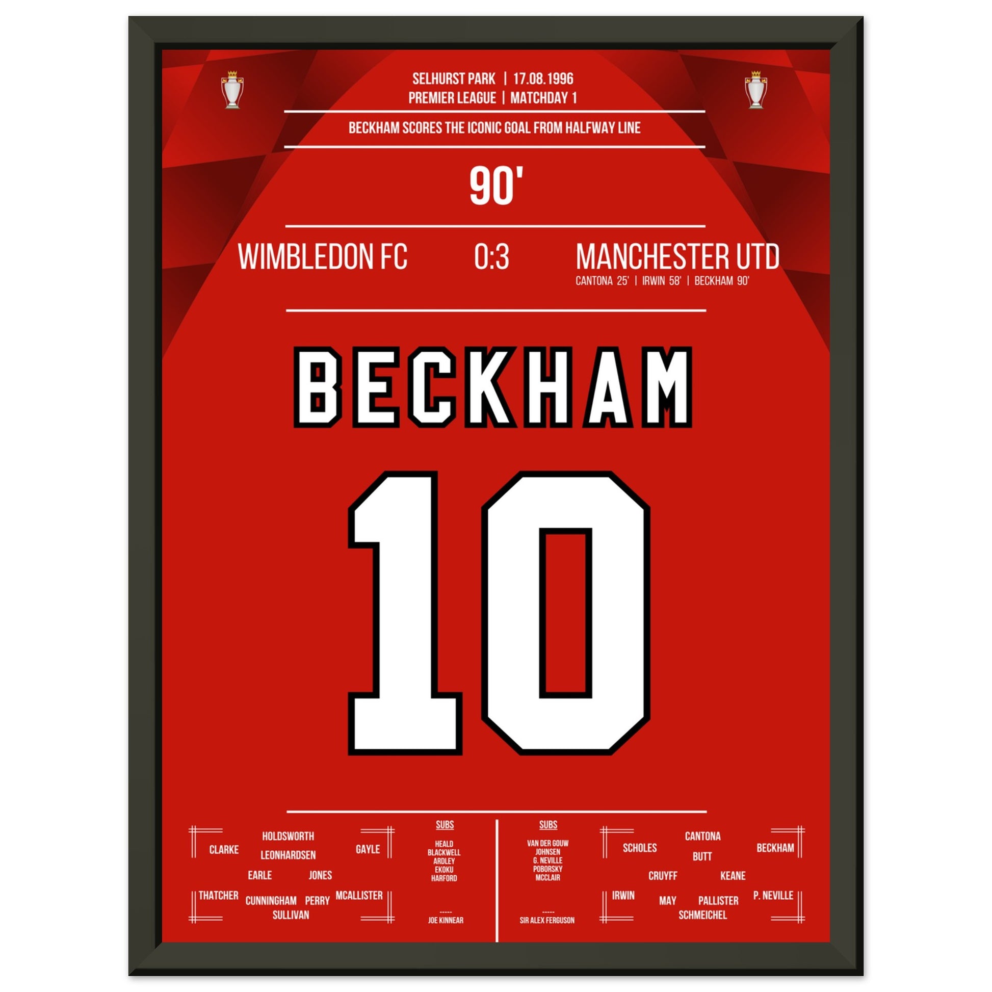 Beckham's Tor von der Mittellinie beim Auswärtsspiel gegen Wimbledon 1996 30x40-cm-12x16-Schwarzer-Aluminiumrahmen