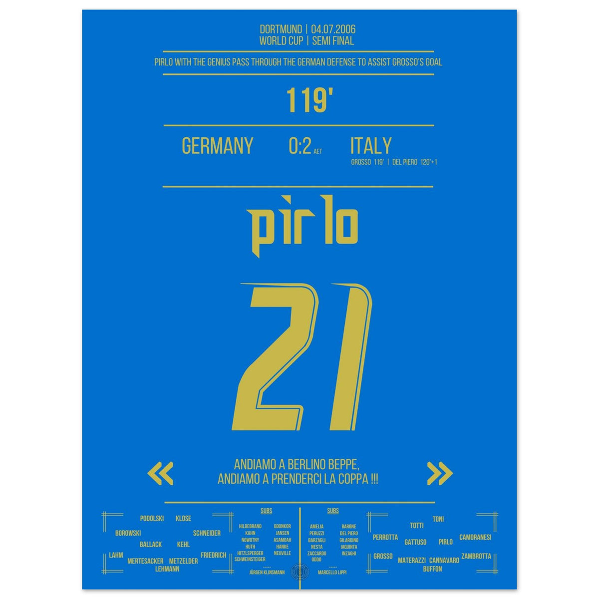 El pase soñado de Pirlo a través de la defensa alemana para el 1:0 de Grosso.