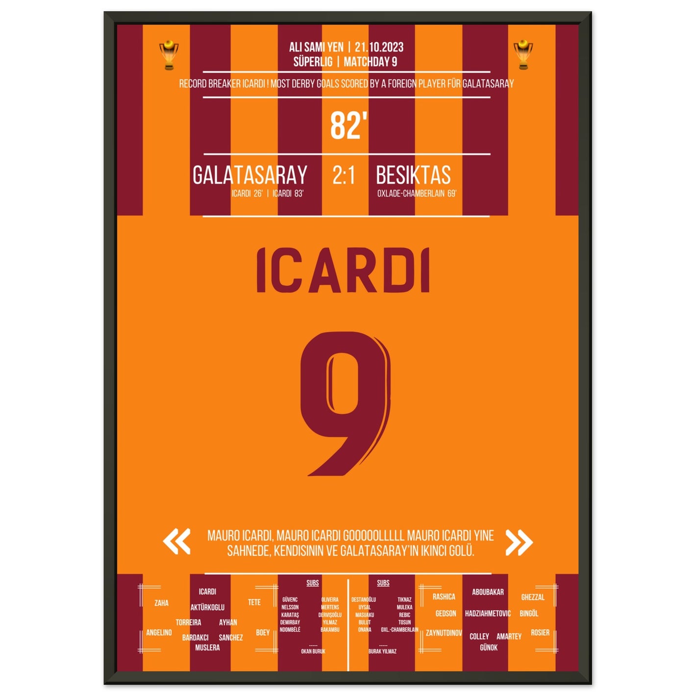 Man Of The Match Icardi bricht den Rekord gegen Besiktas 50x70-cm-20x28-Schwarzer-Aluminiumrahmen