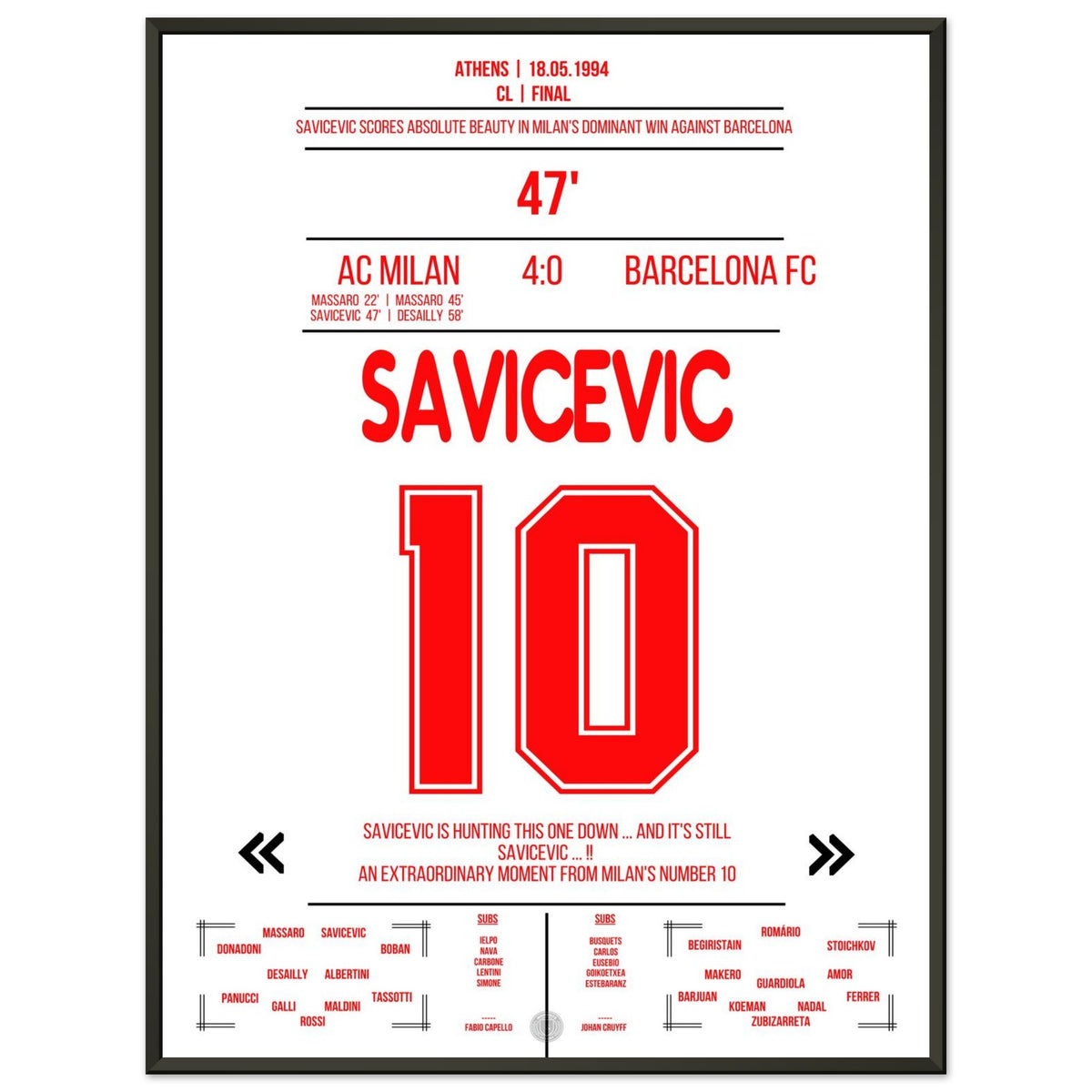 Savicevic gol con pallonetto nella vittoria schiacciante contro il Barcellona nella finale del 1994