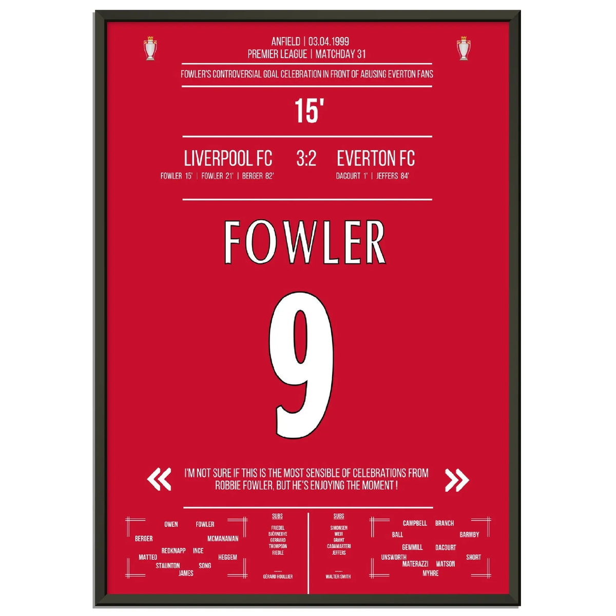 Fowler's straordinaria esultanza per il gol Liverpool - Everton 1999 Premier League Merseyside Derby