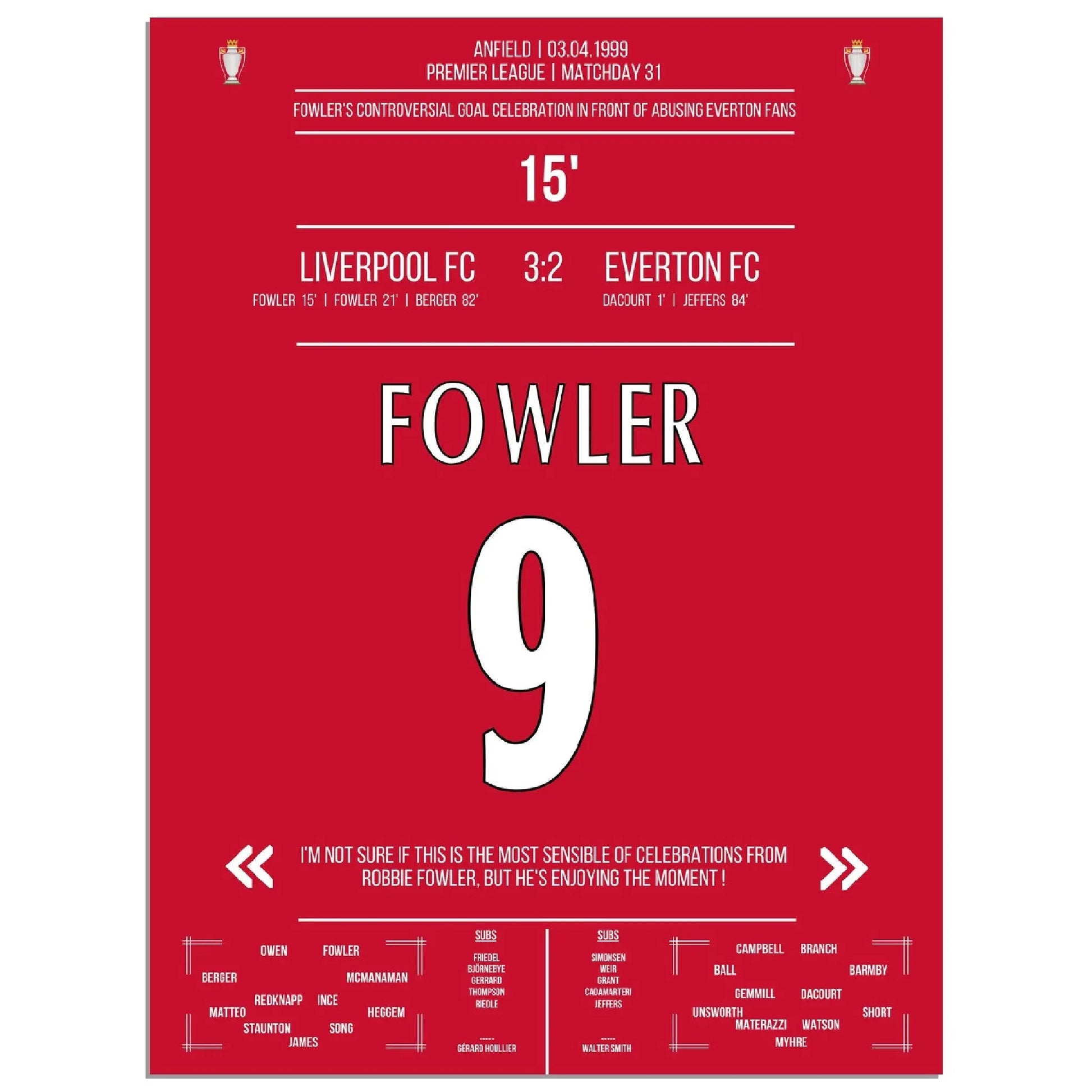 Fowlers außergewöhnlicher Torjubel Liverpool - Everton 1999 Premier League Merseyside Derby 