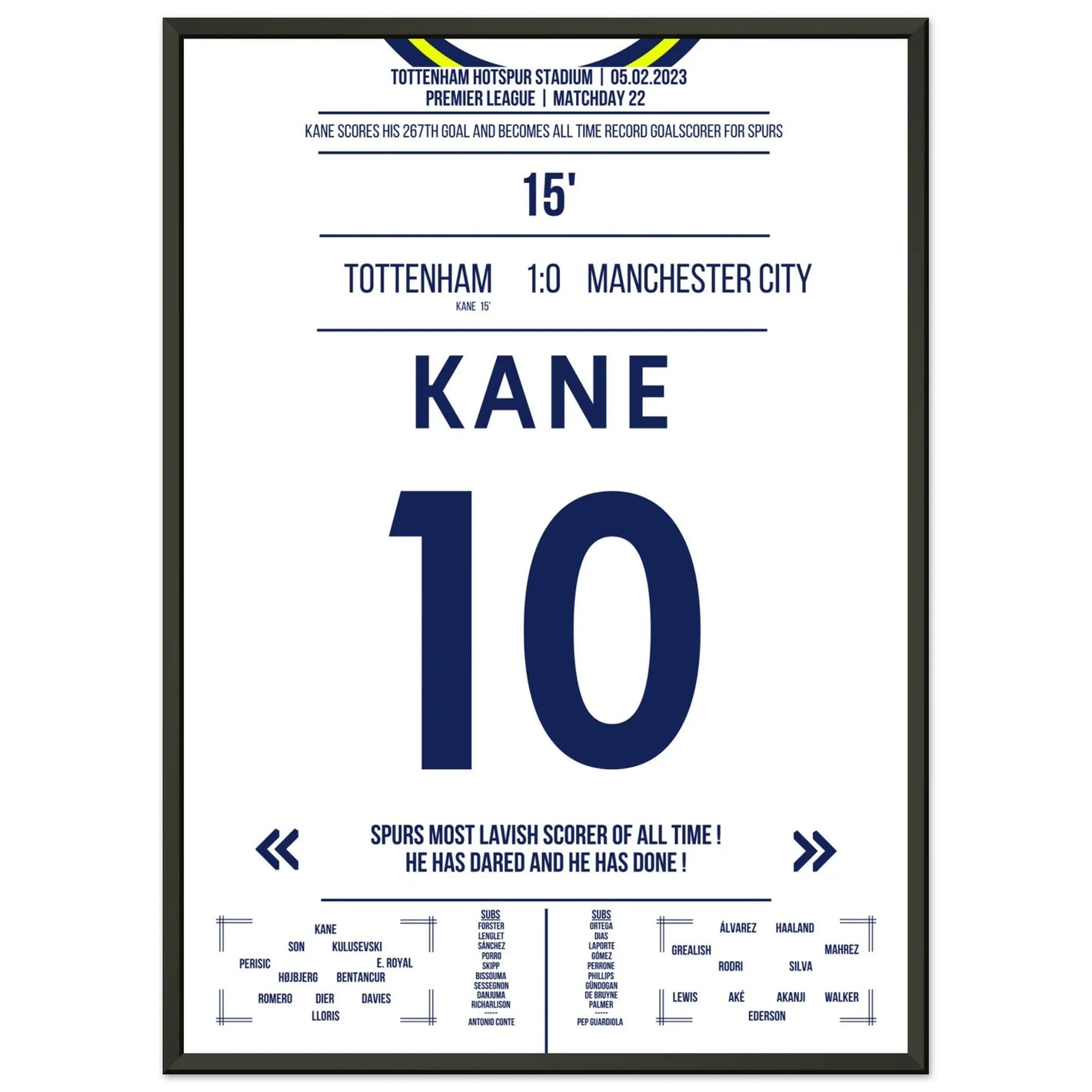 Harry Kane bricht den Tor-Rekord der Spurs 50x70-cm-20x28-Schwarzer-Aluminiumrahmen