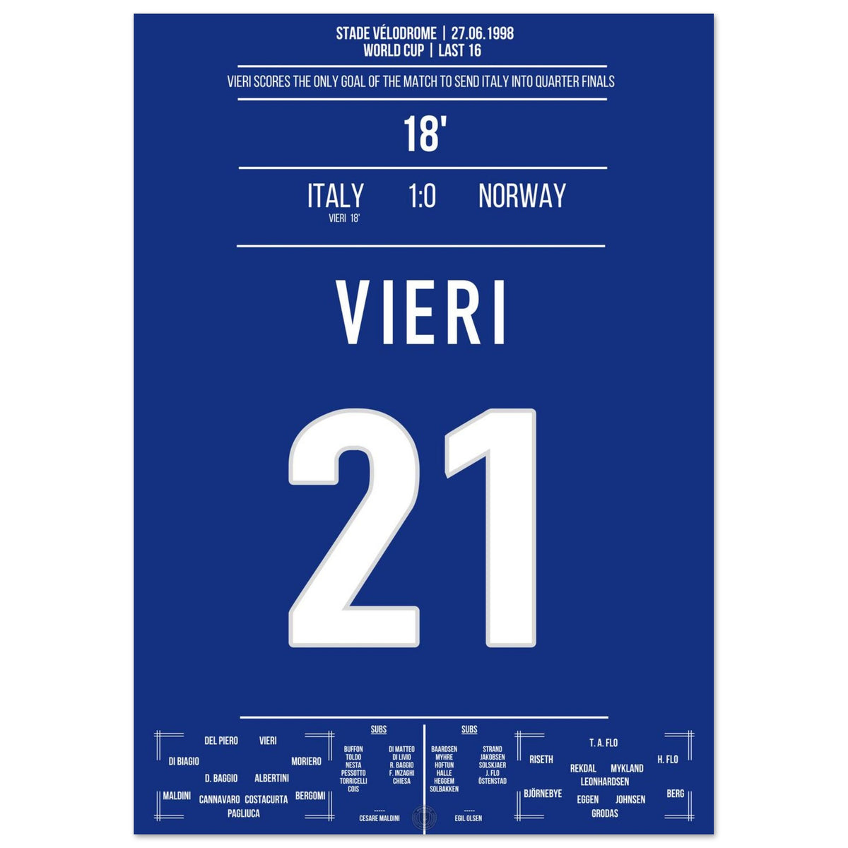Vieri decide el partido de octavos de final de la Copa del Mundo contra Noruega 1998