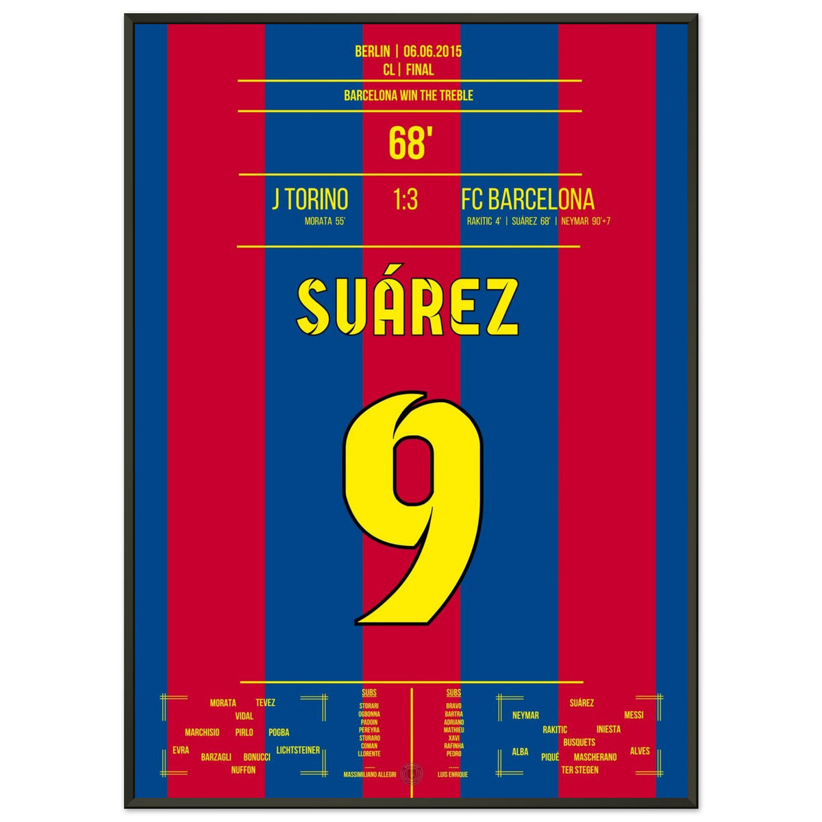 Suarez scores in the final 2015 and Barca wins the treble.