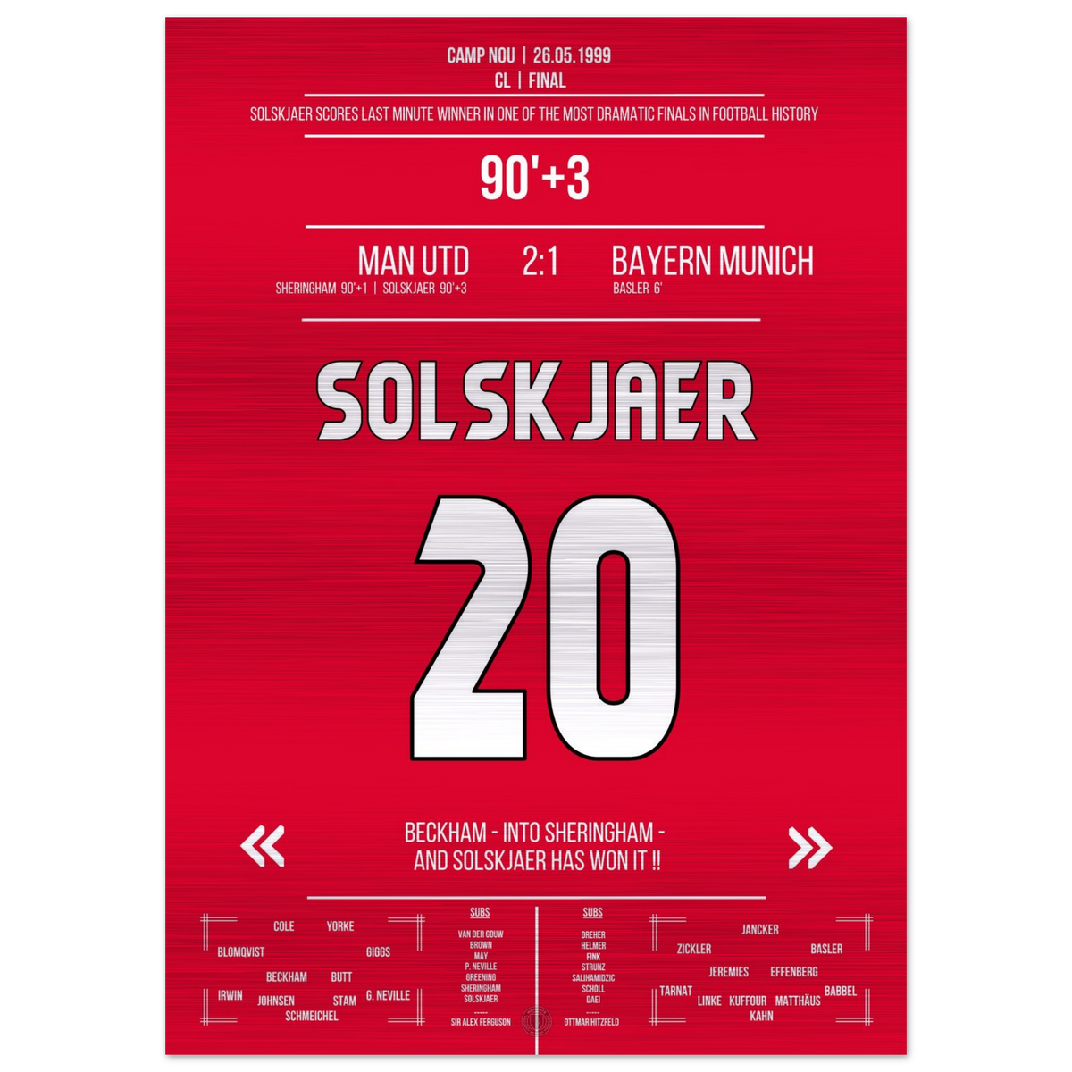 (Metal Print) Solskjaer trifft im denkwürdigsten Comeback der Geschichte im Finale 1999 gegen Bayern