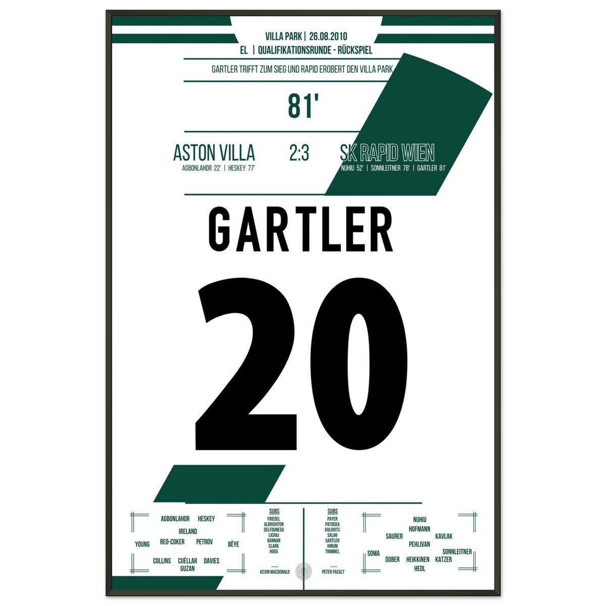 Gartler scores for Rapid in the away victory against Aston Villa.