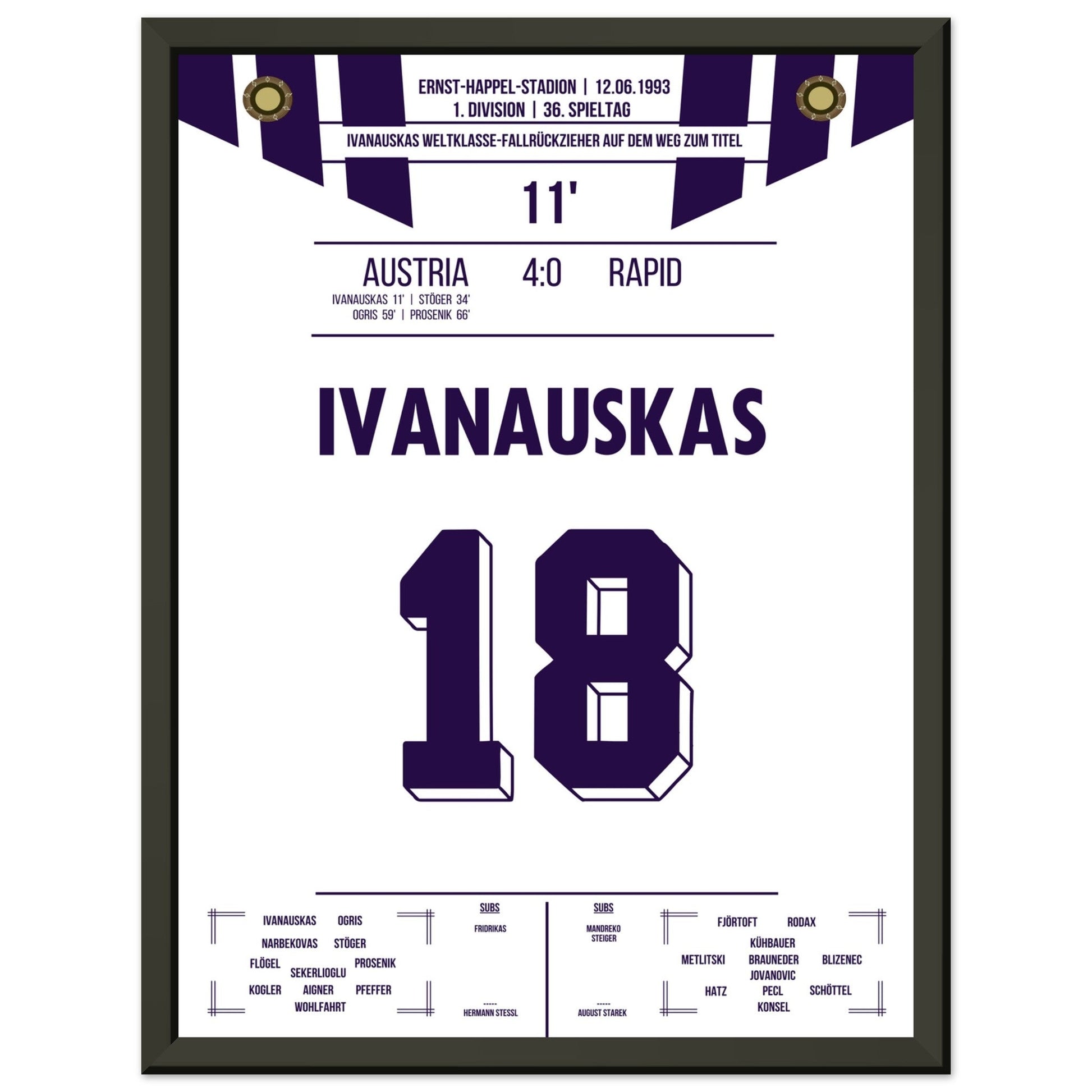 Ivanauskas Weltklasse-Fallrückzieher zu Austria's Meisterschaft 1993 30x40-cm-12x16-Schwarzer-Aluminiumrahmen