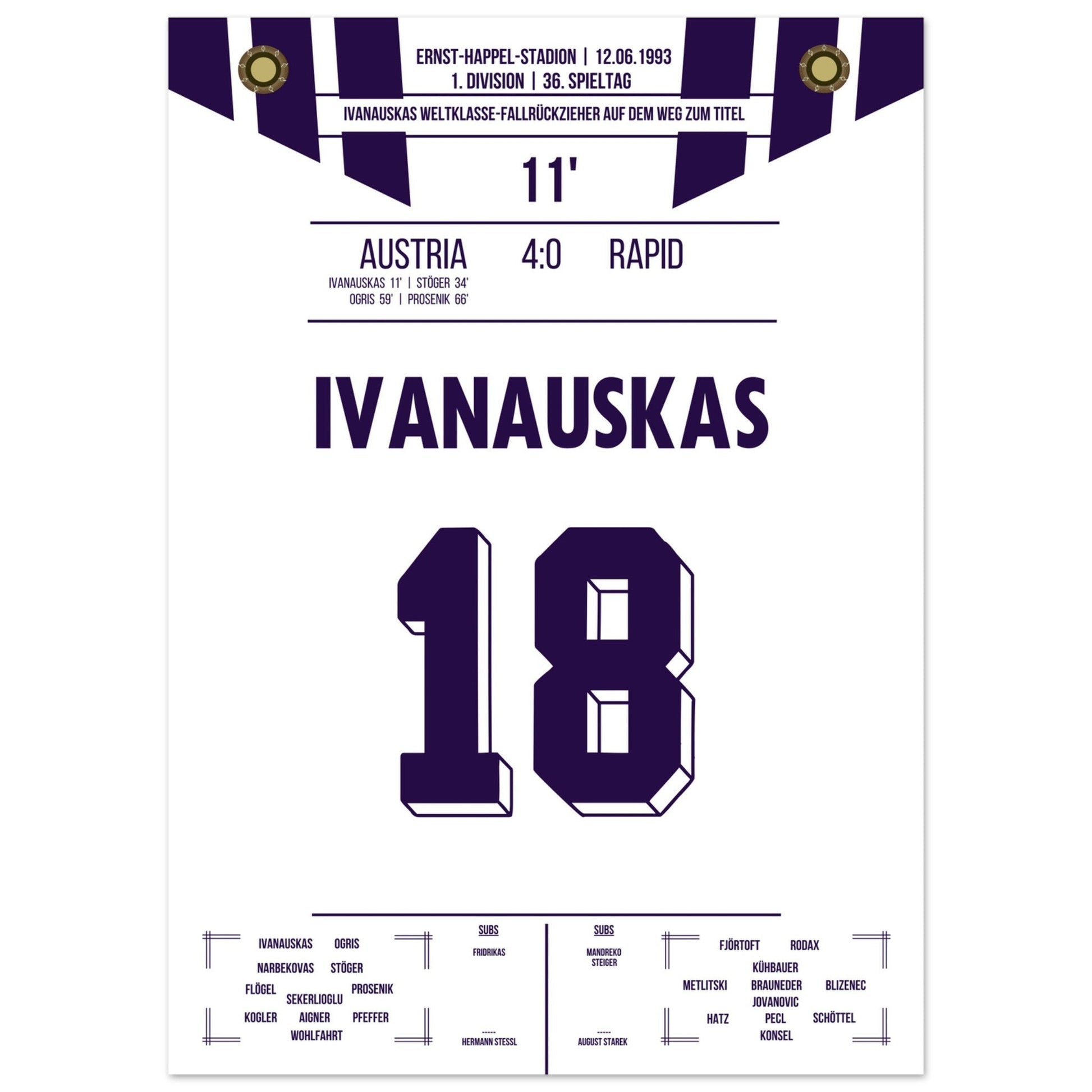 Ivanauskas Weltklasse-Fallrückzieher zu Austria's Meisterschaft 1993 50x70-cm-20x28-Ohne-Rahmen