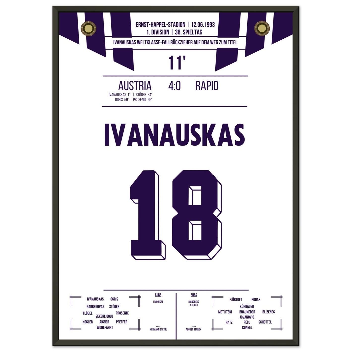 Ivanauskas Weltklasse-Fallrückzieher zu Austria's Meisterschaft 1993 50x70-cm-20x28-Schwarzer-Aluminiumrahmen